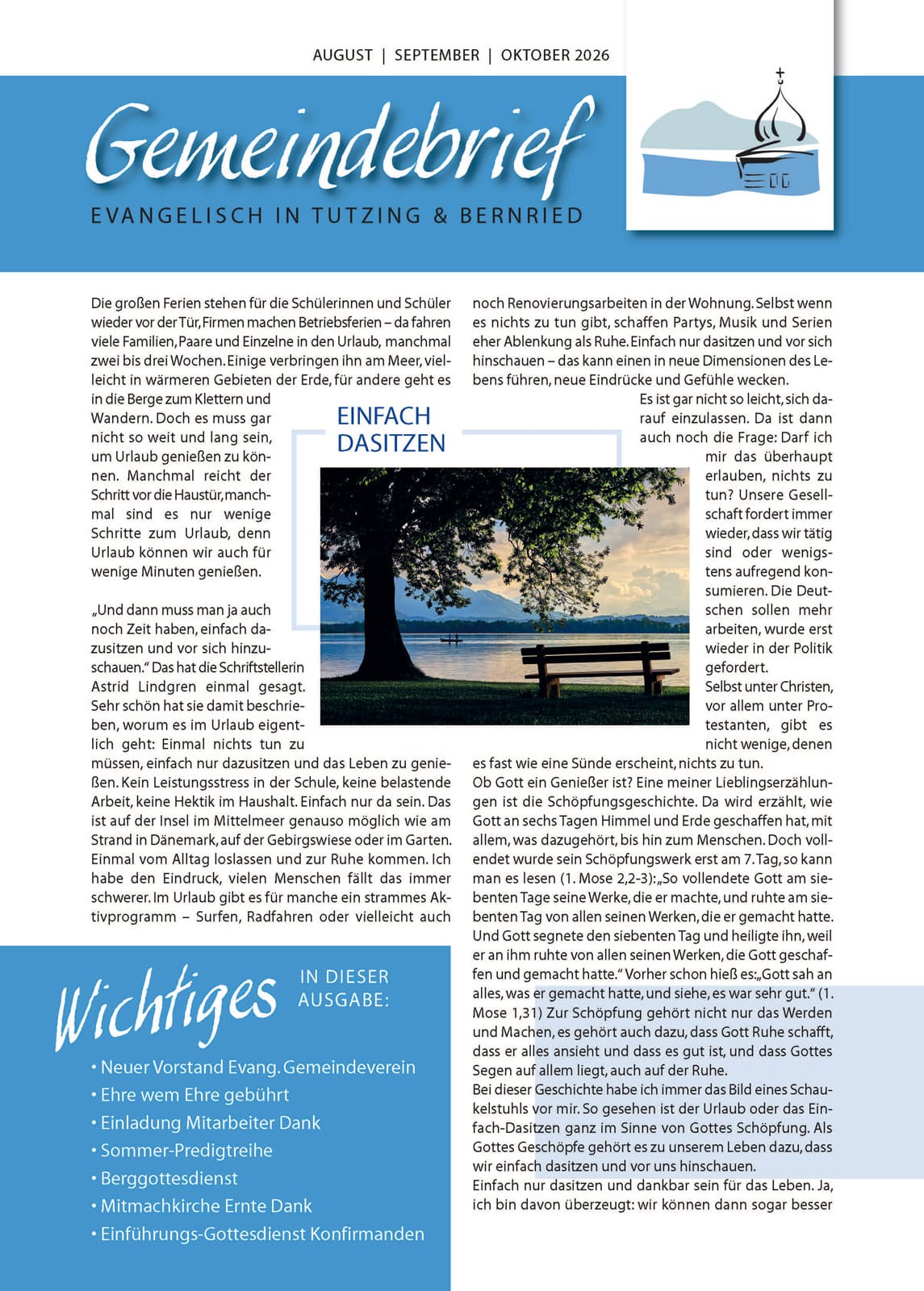Gemeindebrief evangelisch in Tutzing August | September | Oktober 2026